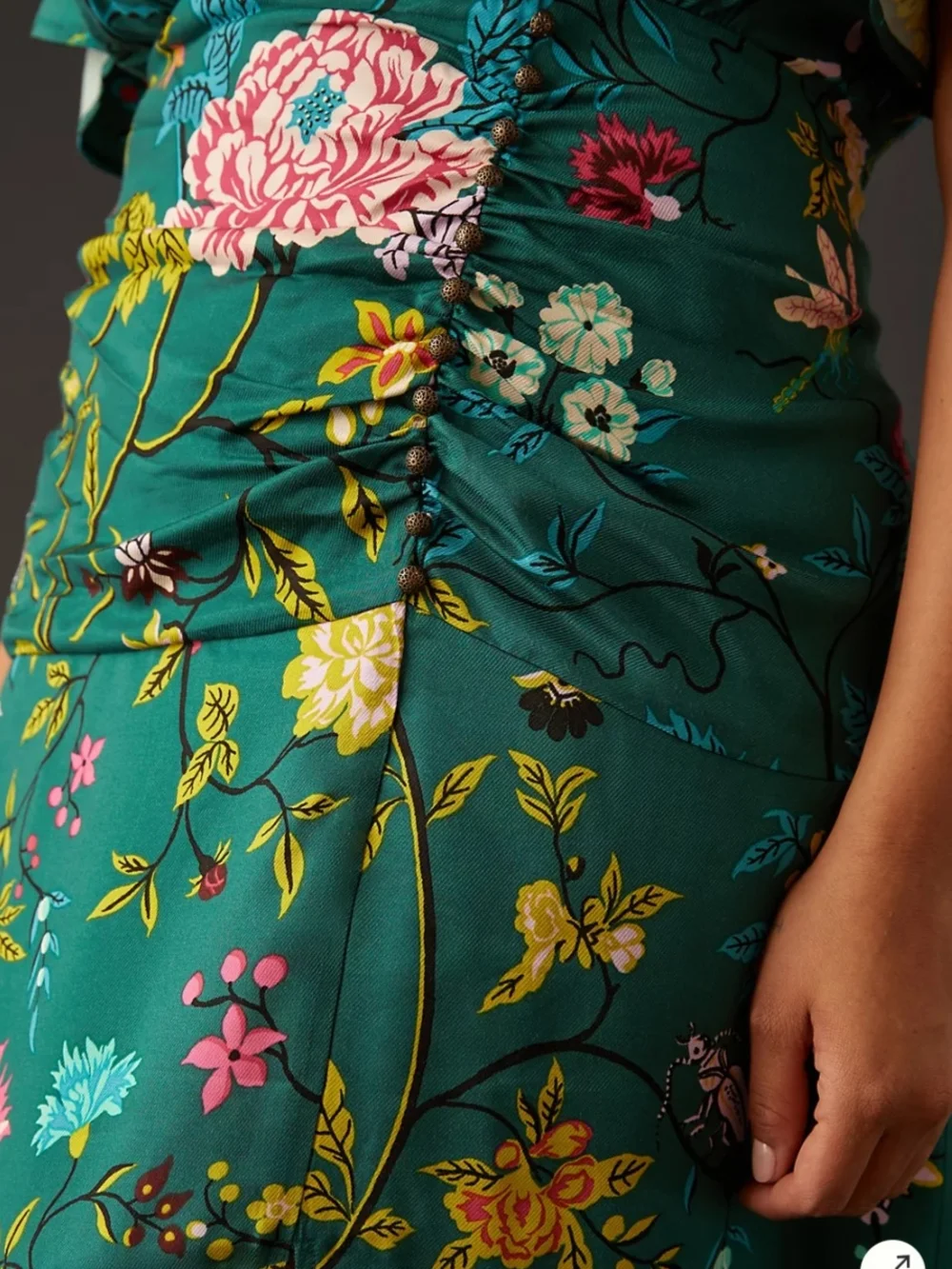 Maeve Anthropologie Button Front Shirt Dress 14 Green Floral Bird V-neck Slit - Picture 11 of 15